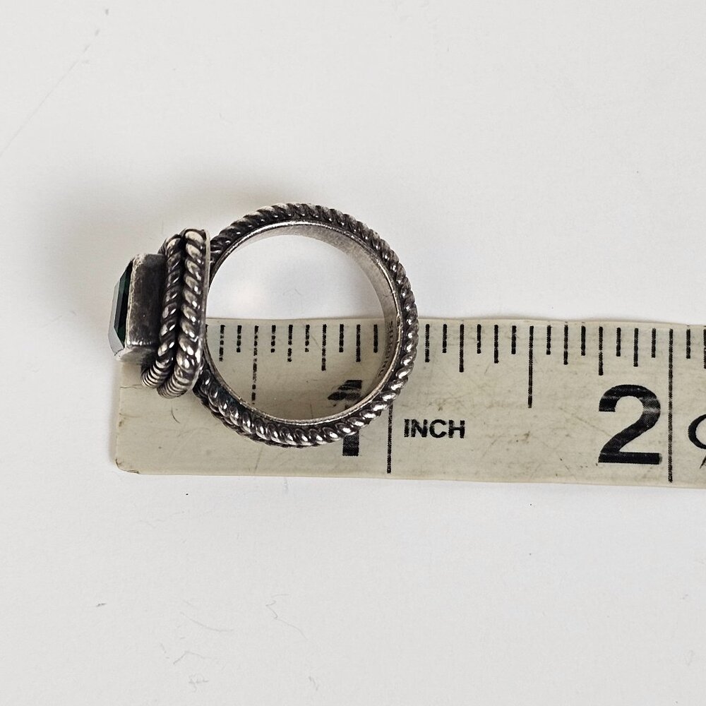 Vtg Sterling Silver Green Quartz Ring Size 7 Square Textured Rope Band Chunky - Picture 13 of 16